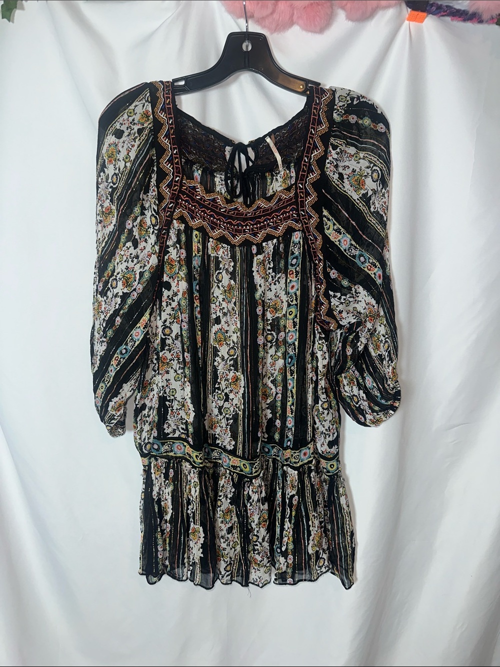 Free People Black Floral Striped Boho Tunic